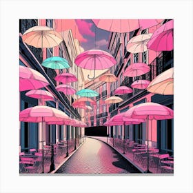 Pink Umbrellas In The Street Canvas Print