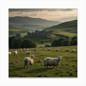 A Serene Highland Landscape With Rolling Hills, Grazing Sheep, And A Distant Castle Canvas Print