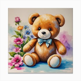 Teddy Bear With Flowers Canvas Print