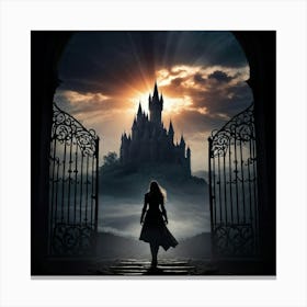 Gothic Woman Journeying Towards A Sinister Medieval Castle Colored Sun Rays Peeking Through The Omi Canvas Print