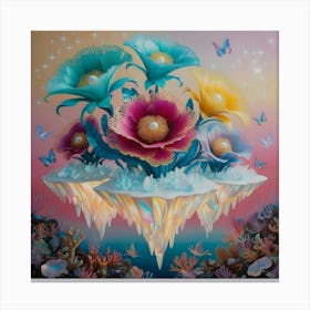 A Surreal Scene Featuring Giant Flowers Sprouting From Floating Islands With An Interesting Blend Of Coral Reefs, Butterflies, And Stars Canvas Print