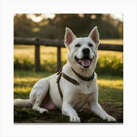 White Dog Sitting In The Grass Canvas Print