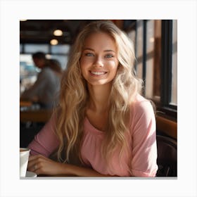 Beautiful Young Woman In Cafe Canvas Print