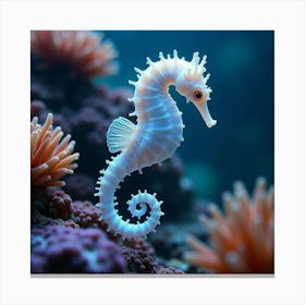 An Ethereal Sea Horse With An Ornate, Glowing Tail Drifting Through A Vibrant Coral Reef Canvas Print