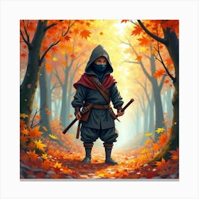 Ninja In Vibrant Autumn Forest, Watercolor, Colorful Leaves 1 Canvas Print