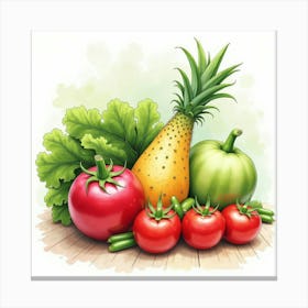 Watercolor Depiction Of Fresh Produce With An Attractive, Artistic Backdrop 1 Canvas Print