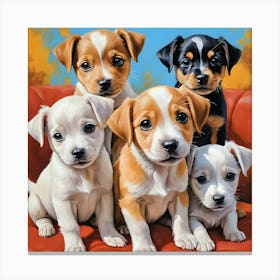 Puppies On A Red Couch Canvas Print