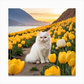 White Cat in Tulips Garden Canvas Print