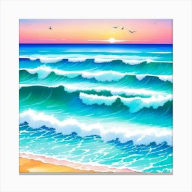 Ocean Sea Waves Beach At Sunset Canvas Print