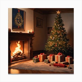 Christmas Tree In Front Of Fireplace 9 Canvas Print