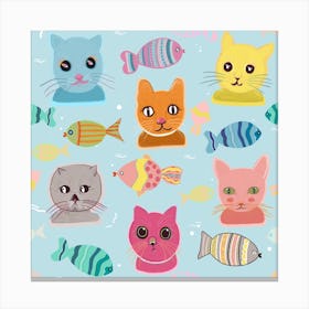 Cute Cat Faces Pattern Blue Background Square Canvas Print