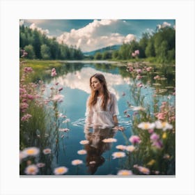 Beautiful Girl In A Clear Lake Among Flowers Canvas Print