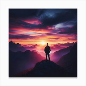 Man Standing On Top Of Mountain At Sunset Canvas Print