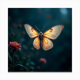 A Fantastical Moth With Wings Made Of Delicate, Glowing Lace Fluttering In A Twilight Garden Canvas Print