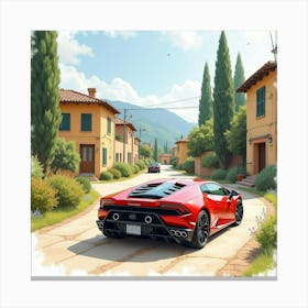 Watercolor Lamborghini Sián Driving Through A Quaint Village 1 1 Canvas Print