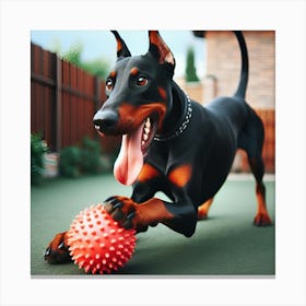 Doberman Puppy Playing With Ball Canvas Print