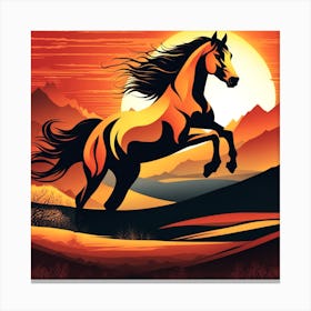 Vivid Orange Color Portrait Illustration Of A Wild Mustang At Sunrise Near A Mountain Lake Canvas Print