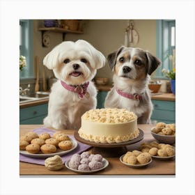 Two Dogs In Front Of A Cake Canvas Print