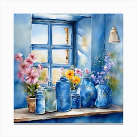 Blue wall. Open window. From inside an old-style room. Silver in the middle. There are several small pottery jars next to the window. There are flowers in the jars Spring oil colors. Wall painting.50 Canvas Print