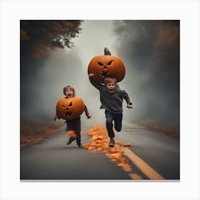 Two Kids Running With Pumpkins Canvas Print
