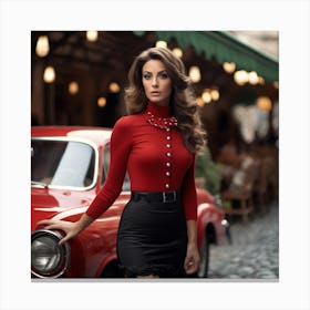 Beautiful Woman Posing With Vintage Car Canvas Print