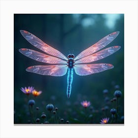 A Radiant Dragonfly With Wings Of Pulsating, Neon Light Hovering Over A Dreamlike Meadow Canvas Print