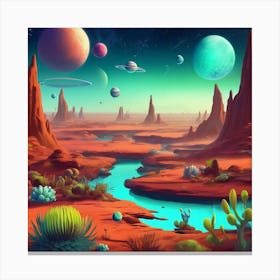 Alien landscape with otherworldly plants, strange creatures, and distant planets Canvas Print