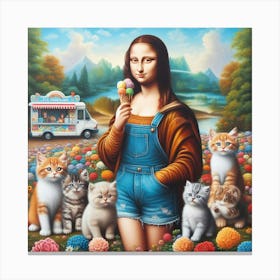 Mona Lisa Eating Ice Cream in the Park with Cats Canvas Print