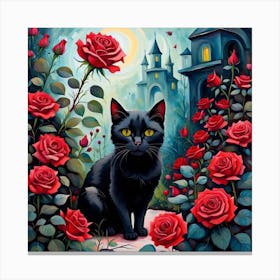 Black Cat With Roses 1 Canvas Print