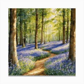 Bluebells In The Woods - Watercolor Sunlit Forest Path HD Gallery Wall Fine Art - Purple Blue May Day Beautiful Tranquil Peaceful Landscale Scenery Square Canvas Print