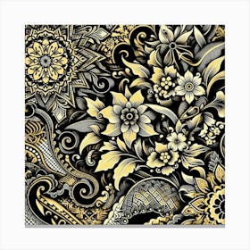 Batik, Black And Yellow Floral Pattern 3 Canvas Print