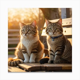 Two Cats Sitting On A Bench Canvas Print