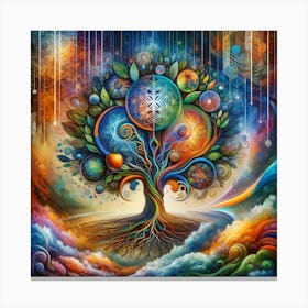 "Quantum Canopy" - This art piece is a stunning visual journey through the cosmos, blending natural elements with the mystical. A tree at the center symbolizes life, its branches reaching into a universe filled with celestial bodies, suggesting the interconnectedness of all things. The tree's roots anchor it amid swirling clouds, embodying stability amidst the chaos of creation. This work is an ode to the cosmic dance of existence, perfect for those who revel in the mystery of life and the beauty of the stars. The fusion of vibrant colors and cosmic imagery makes "Quantum Canopy" a transcendent addition to any space, inviting viewers to contemplate the larger tapestry of the universe. Canvas Print