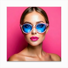 Firefly Blue Eyes, Fashion, Pink Glasses, Pink Lips, Pink Background, Glass Lens, Stylish, Vibrant, (10) Canvas Print