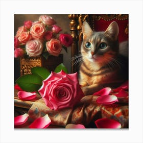 Cat With Roses Canvas Print