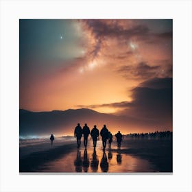 People Walking On The Beach At Night Canvas Print