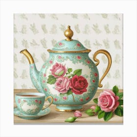 A very finely detailed Victorian style teapot with flowers, plants and roses in the center with a tea cup 18 Canvas Print