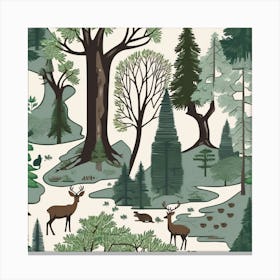 Forest Seamless Pattern, A Serene Forest Landscape With Wildlife Living In Harmony Canvas Print