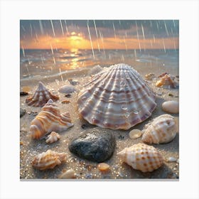 Seashells On Soft Sand Under Vibrant Sunset And Rain Canvas Print