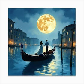 Romantic Watercolor Depiction Of An Italian Couple On A Moonlit Gondola Ride Canvas Print