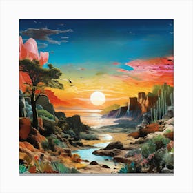 Sunset In The Desert, A Vibrant Collage Of Different Ecosystems Deserts Forests Oceans Seamlessly Blending Together 1 Canvas Print