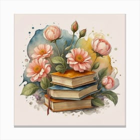 Best books and flowers on watercolor background 2 Canvas Print