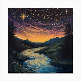 Starry Twilight River – Dreamy Landscape Wall Art Of Flowing Stream And Sunset Sky Canvas Print