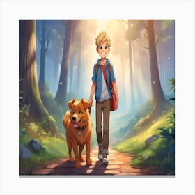 Boy And Dog In The Forest Canvas Print