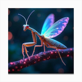 A Whimsical Mantis With Wings Of Fractal Light Perched On A Neon Lit Branch In A Dreamlike Garden 1 Canvas Print