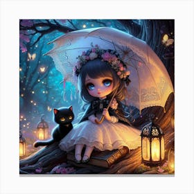 Little Girl With Umbrella And Cat Canvas Print