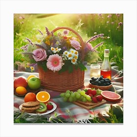 A Picnic On A Green Meadow With A Basket Of Fruits And Flowers 3 Canvas Print