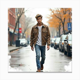 Watercolor Of Justin Bieber Walking Along A Quiet, Rain Soaked Street Canvas Print