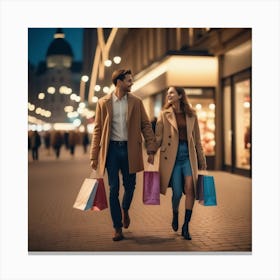 Photo Happy Couple With Shopping Bags Enjoying Night At City 1 Canvas Print