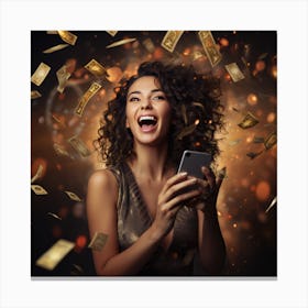Happy Young Woman With Mobile Phone Lottery Winner Canvas Print